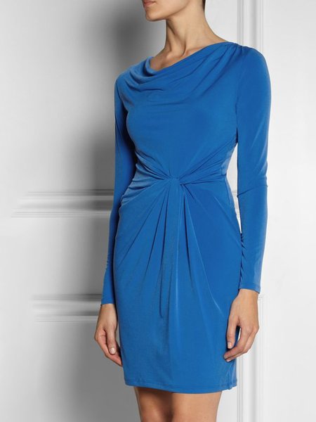 

Crew Neck Plain Long Sleeve Dress, Blue, Mini Dresses