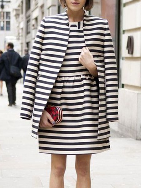 

Stand Collar Printed Long Sleeve Blazer, Black-white, Blazers