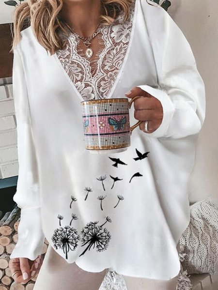 

Cotton-Blend V Neck Shirt & Top, White, Long Sleeves