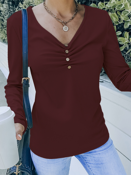 

Long Sleeve Casual Buttoned Shirts & Tops, Wine red, Tees & T-shirts