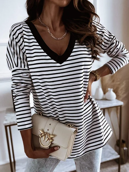 

Long Sleeve Shift Work V Neck T-shirt, As picture, Tops