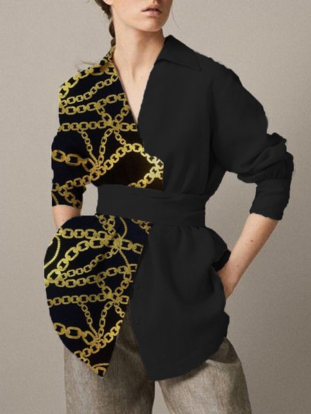 

Paneled Elegant Shirt Collar Shift Top With Belt, Black, Blouses and Shirts