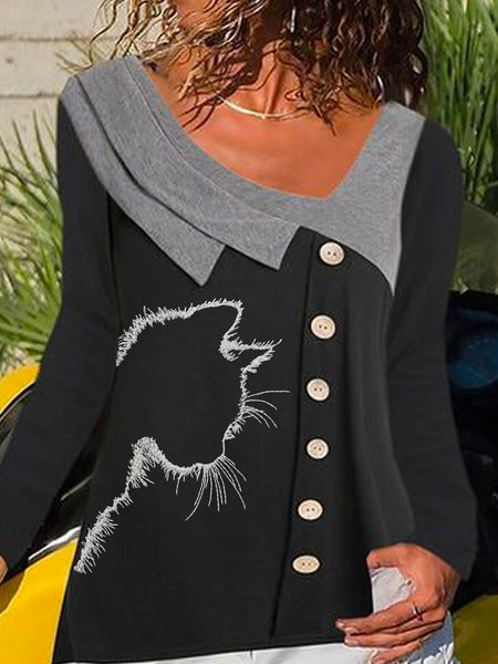 

Long Sleeve Casual Animal Floral-Print Shirts & Tops, Black, T-Shirts