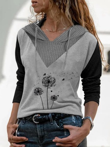 

Vintage Maniche Lunghe Dente di leone Stampato Felpa con cappuccio taglia grande Casuale Felpa, Nero - grigio, Blouses & Shirts