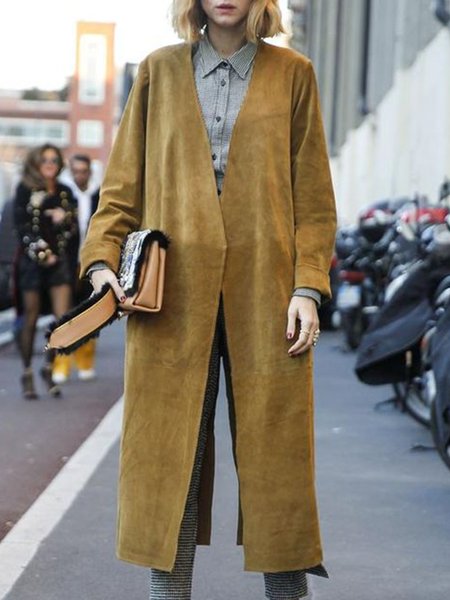 

Plain V Neck Vintage Shift Outerwear, Yellow, Coats