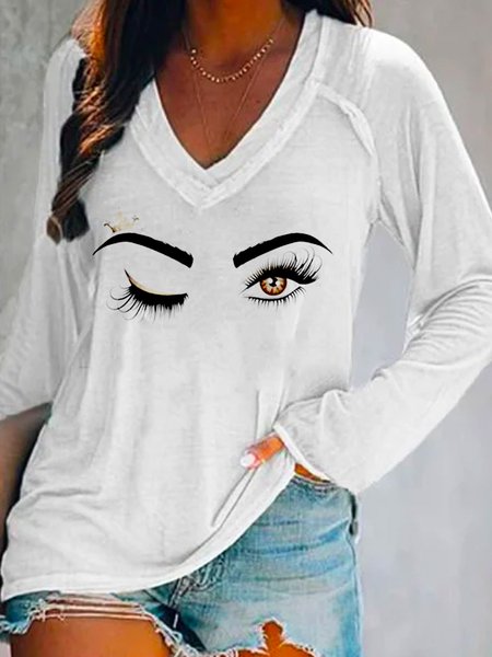

Long Sleeve V Neck Casual Floral-Print Shirts & Tops, White, T-Shirts