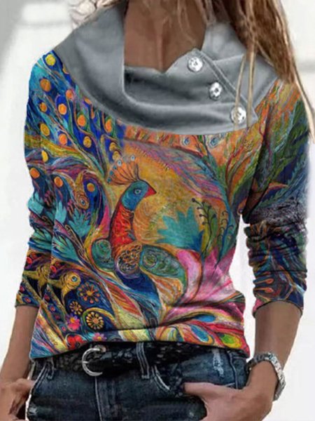 

Vintage Multicolore Pavone Stampato Maniche Lunghe Collo ad anello taglia grande Casuale Top, T-Shirts