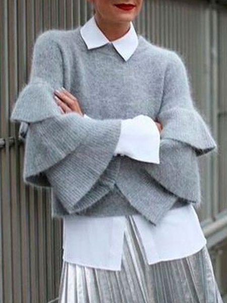 

Shift Long Sleeve Crew Neck Elegant Sweater, Gray, Knitwear