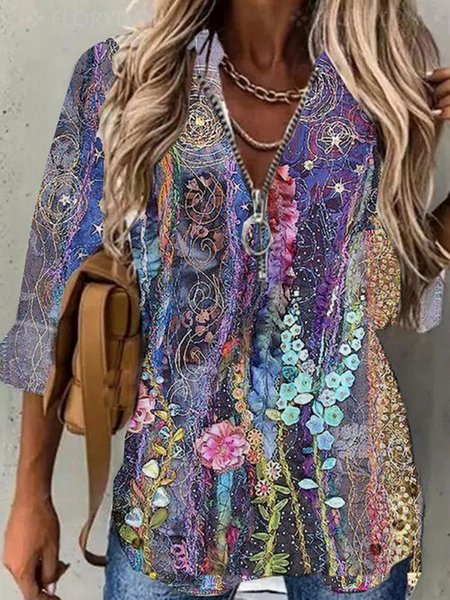 

Vintage Shift Floral Zipper Collar Shirts & Tops, Purple, Tops