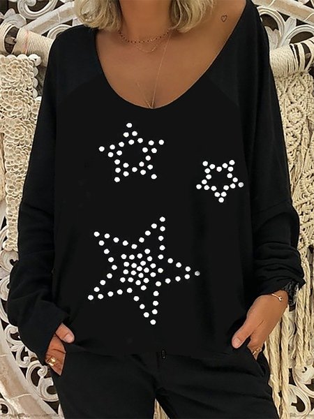 

Star Printed Deep V-Neck Loose Casual T-Shirts & Tops, Black, Auto-clearance