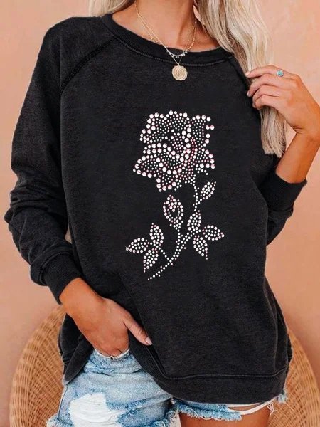 

Cotton-Blend Crew Neck Long Sleeve Floral Sweatshirt, Black, Sweatshirts & Hoodies