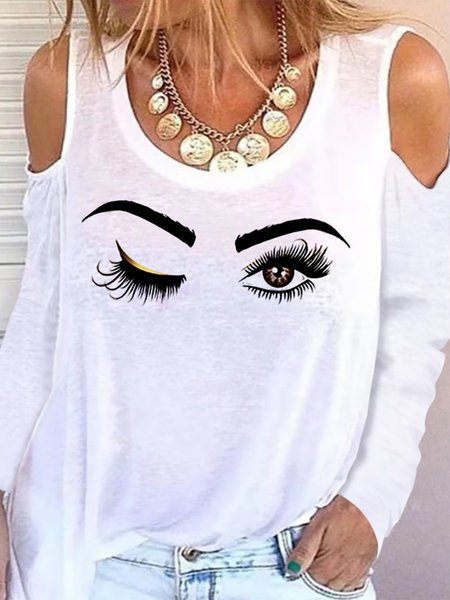 

Bianco Stampato Dritto Spalla Nuda Girocollo Maniche Lunghe Top, Tops