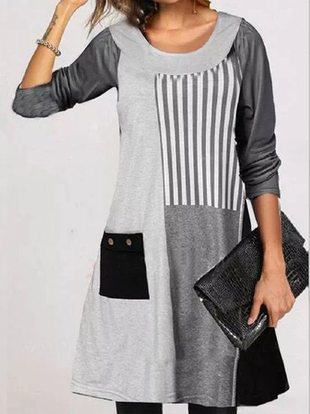 

Crew Neck Long Sleeve Patchwork Casual Dress, As picture, Mini Dresses