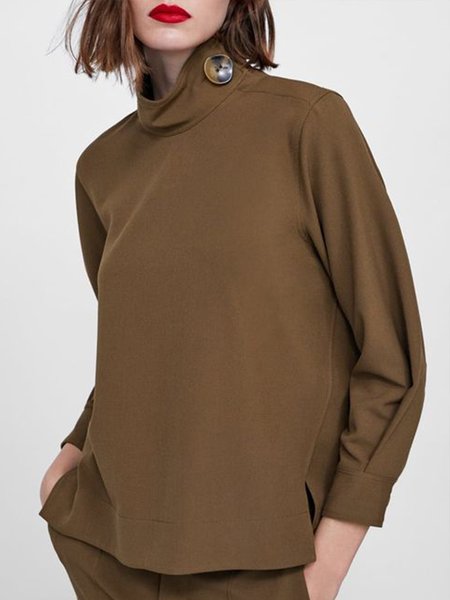 

Shift Stand Collar Vintage Plain Top, Brown, Blouses and Shirts
