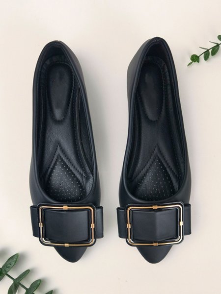 

Gold Metal Square Buckle Shallow Toe Flats, Black, Flat & Loafers
