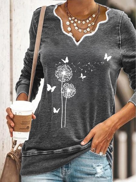 

Floral Long Sleeve Cotton-Blend Shift Shirts & Tops, Deep gray, Tops