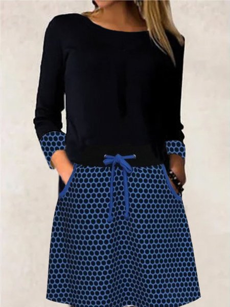 

Casuale Maniche Lunghe a pois Stampato Abito, Blu, Midi Dresses