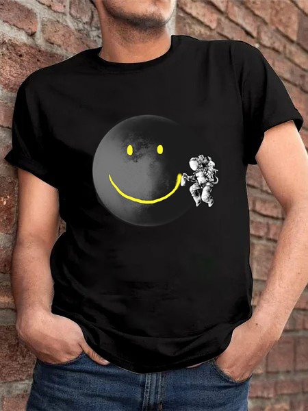 

Casual and simple planet graffiti astronaut print round neck short-sleeved cotton T-shirt, Black, T-shirts