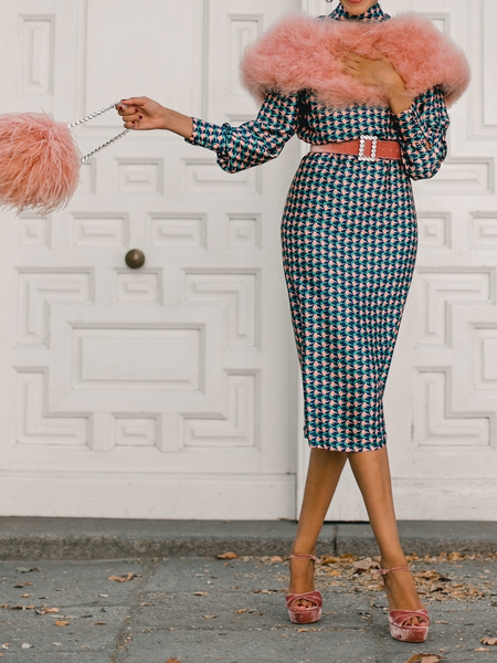 

Fall Formal Long Sleeve Stand Collar A-Line Elegant Lady Dresses, As picture, Midi Dresses