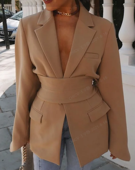 

Elegant Solid Long Sleeve Blazer With Belt, Khaki, Blazers