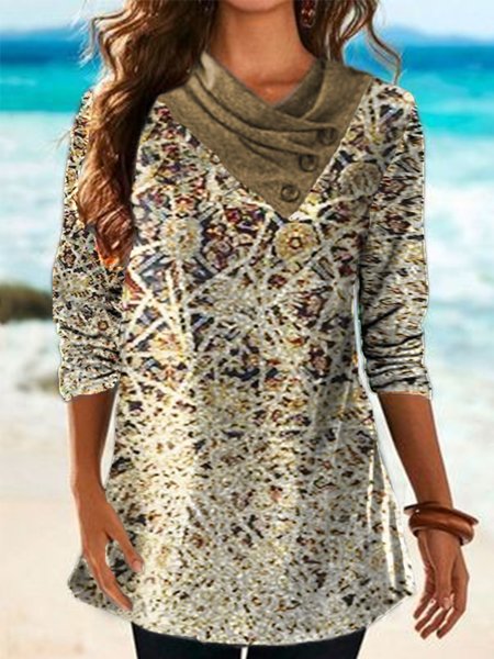 

Vintage Tribal Geometric Printed Long Sleeve Cowl Neck Plus Size Casual Tops, Multicolor, T-Shirts