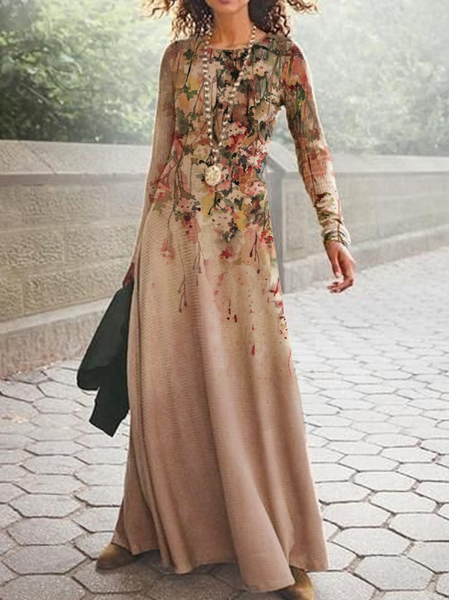 

Shift Floral Long Sleeve Dresses, Khaki, Maxi Dresses