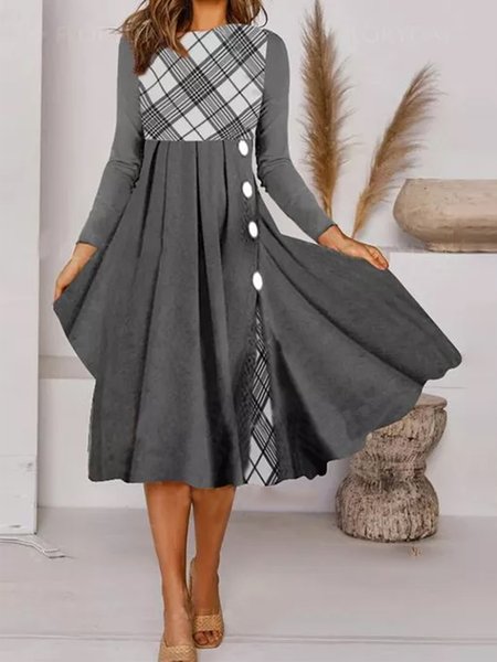 

Panelled Casuale a quadri Abito, Grigio, Midi Dresses