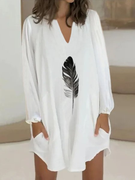 

Casuale Stampato Scollo a V Maniche Lunghe Abito, Bianco, Midi Dresses
