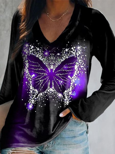 

V Neck Printed Long Sleeve Shift Shirts & Tops, Black, Tees & T-shirts