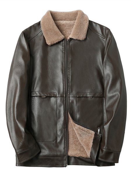 

Solid Faux Leather Lapel Fleece Jackets, Brown, Jackets & Coats