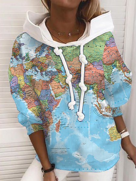 

Long Sleeve Hoodie Map Cotton-Blend Sweatshirts, Blue, Hoodies & Sweatshirts
