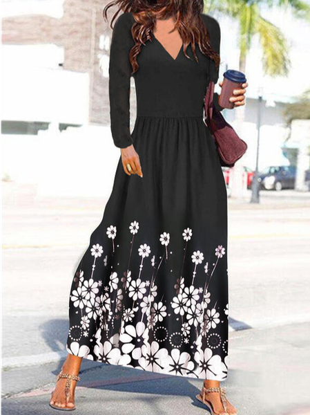 

Long Sleeve Casual Dresses, Black, Floral Dresses