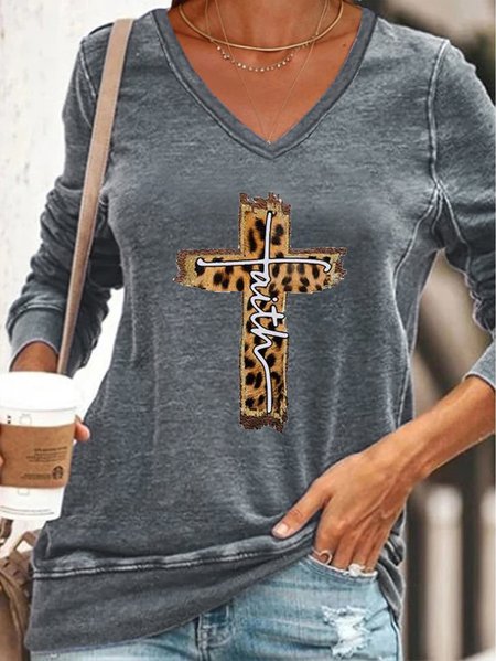 

Casual retro leopard cross letter print V-neck long-sleeved polyester-cotton sweatshirt, Gray, Hoodies&Sweatshirts