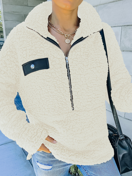 

Casual Cotton-Blend Zipper Plain Sweatshirt, Beige, Sweatshirts & Hoodies