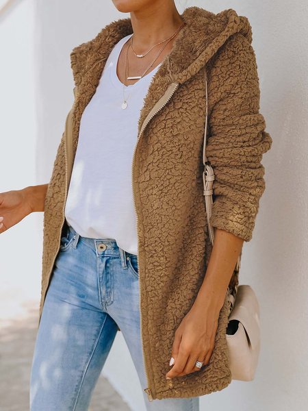 

Plain Cotton-Blend Casual Pockets Outerwear, Khaki, Outerwear