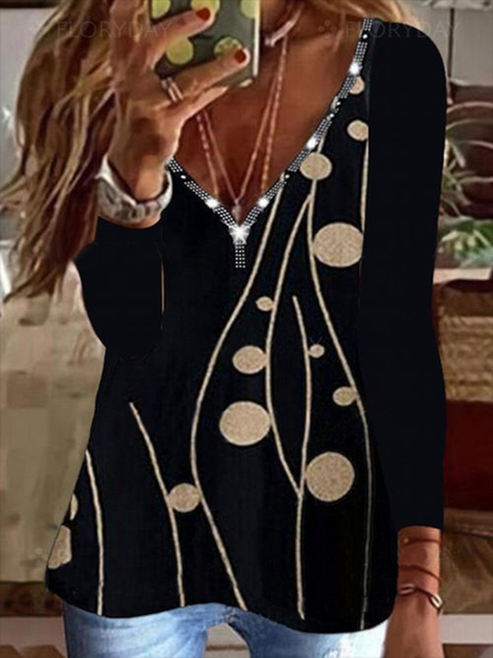 

Printed Long Sleeve Casual V Neck T-shirt, Black, T-Shirts