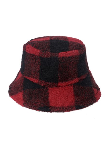 

Checked Plush Warm Hat, Wine red, Hats
