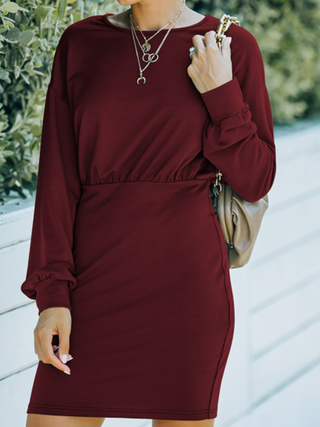 

Round Neck Suede Casual Dresses, Wine red, Casual Dresses
