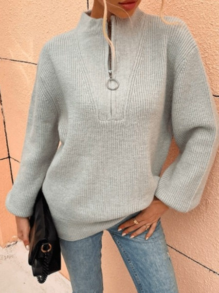 

Fall Crew Neck Long Sleeve A-Line Simple Silk-organza Sweater, Gray, Pullovers