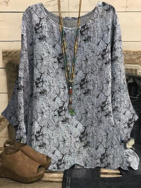 

Casual Long Sleeve Round Neck Plus Size Printed Tops, Gray, Blouses & Shirts