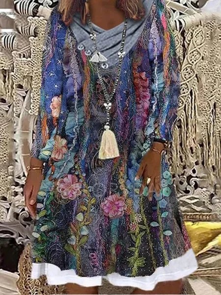 

Floral Cowl Neck Long Sleeve Dresses, As picture, Floral Dresses