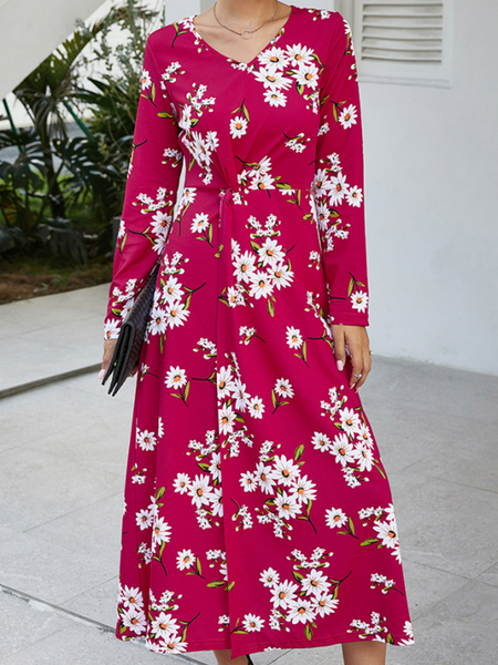 

New long sleeve V-neck printed large swing Long Sleeve Dress, Rose red, Floral Dresses