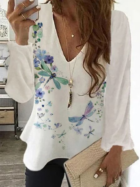 

V Neck Long Sleeve Casual Shirts & Tops, White, Blouses & Shirts