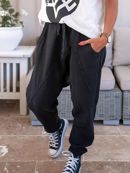 

taglia grande Tinta unita Causale Pantaloni, Nero, Bottoms