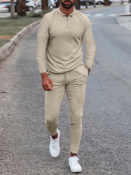 

Casual Sports Solid Polo&Pants Suits, Khaki, Men‘s jumpsuits