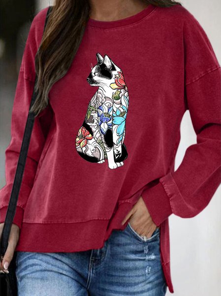 

Casual and personalized cat print round neck long-sleeved polyester-cotton sweatshirt, Red, Hoodies&Sweatshirts