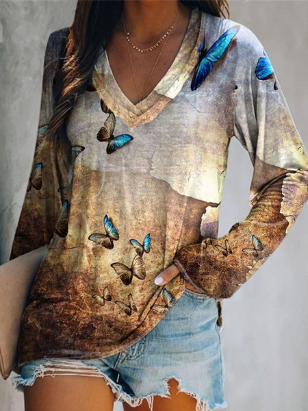 

Long Sleeve Simple Printed Tops, Multicolor, Blouses & Shirts