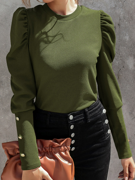 

Elegant temperament polyester Pullover long sleeve round neck slim fit women's T-shirt, Army green, Tees & T-shirts