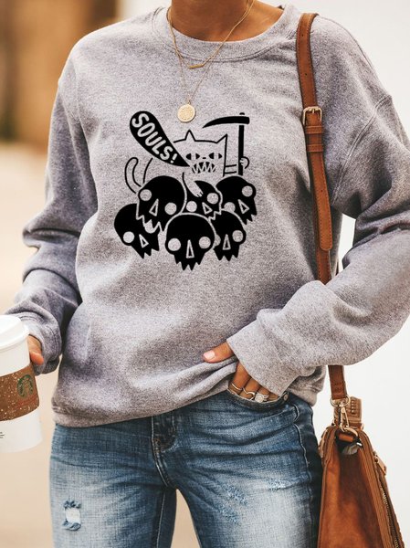 

Casual personality Halloween skull print round neck long-sleeved polyester cotton sweatshirt, Gray, Hoodies&Sweatshirts