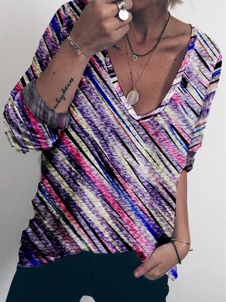 

Maniche Lunghe Dritto Scollo a V Top, Grigio porpora, T-Shirts
